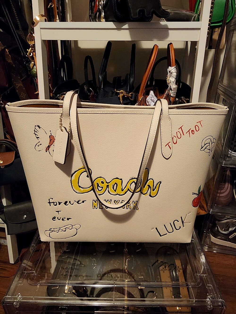 Coach White Leather Graphic Tote with Yellow Logo - Picture 8 of 12